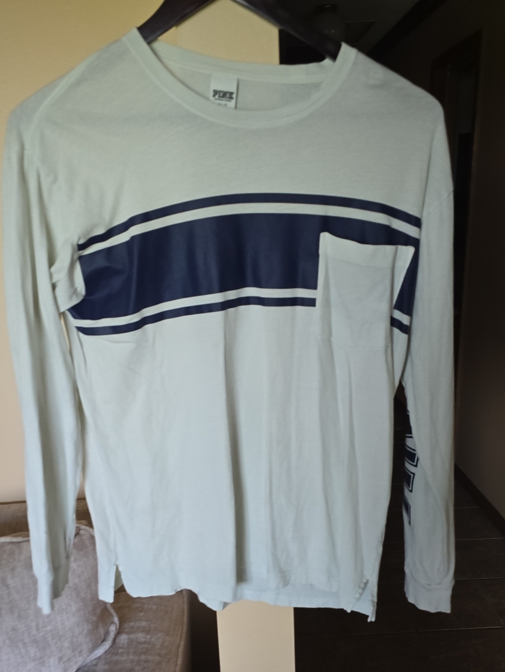 PINK Victoria's Secret Long Sleeve Tee in Cream with Navy Stripe